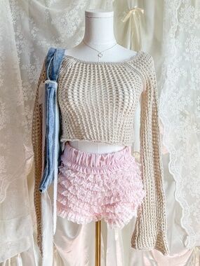 Cream Brown Crochet Wide Neck Crop Top